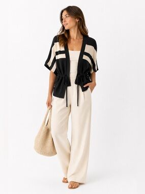 Knot Sisters Black Cream Striped Tie Waist Knit Cardigan M Minimal Coastal”